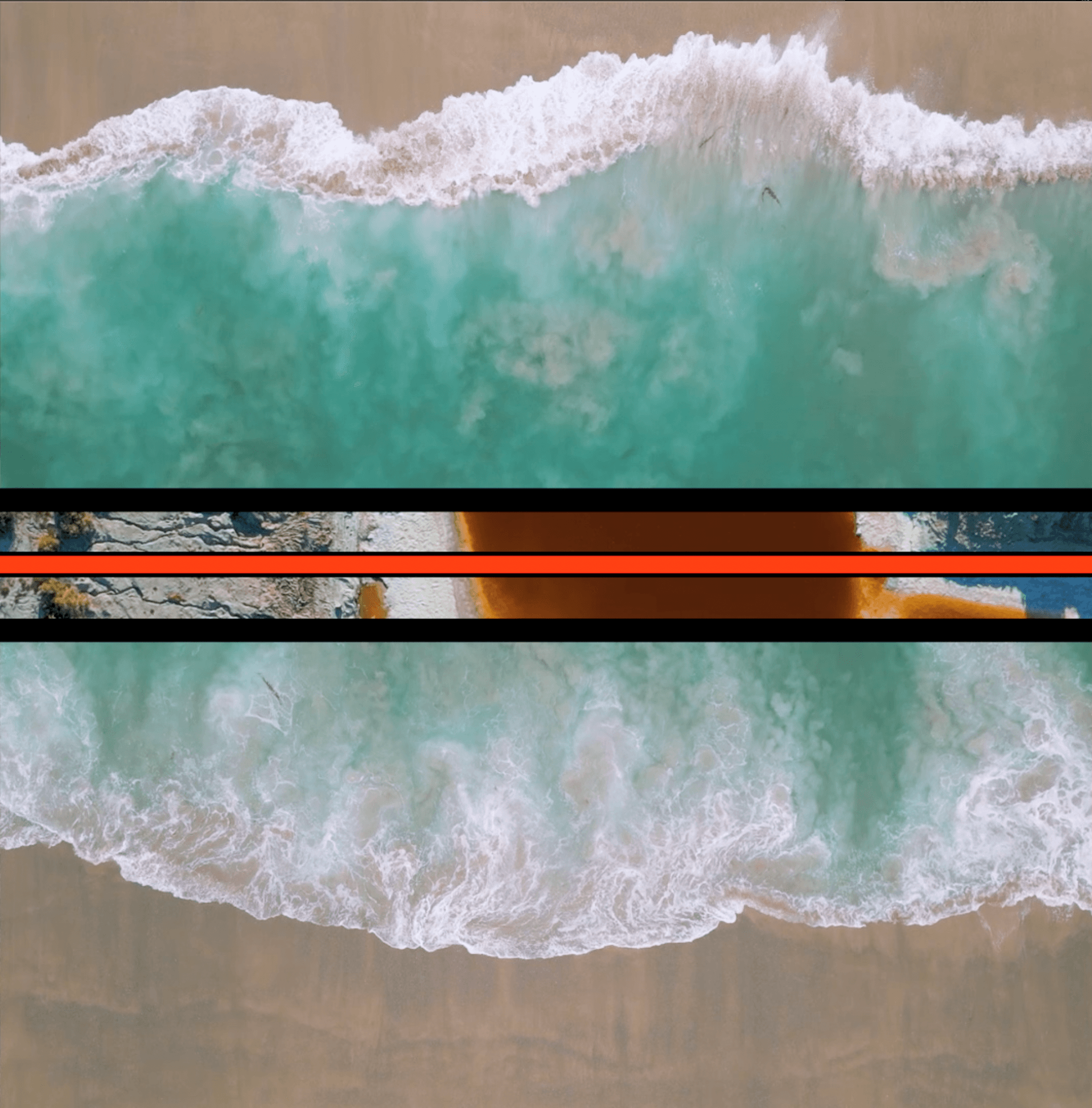 Water Lines (Laguna Beach to Salton Sea) — aerial views of turquoise surf and rust-toned shoreline, split by a thin red horizon line.