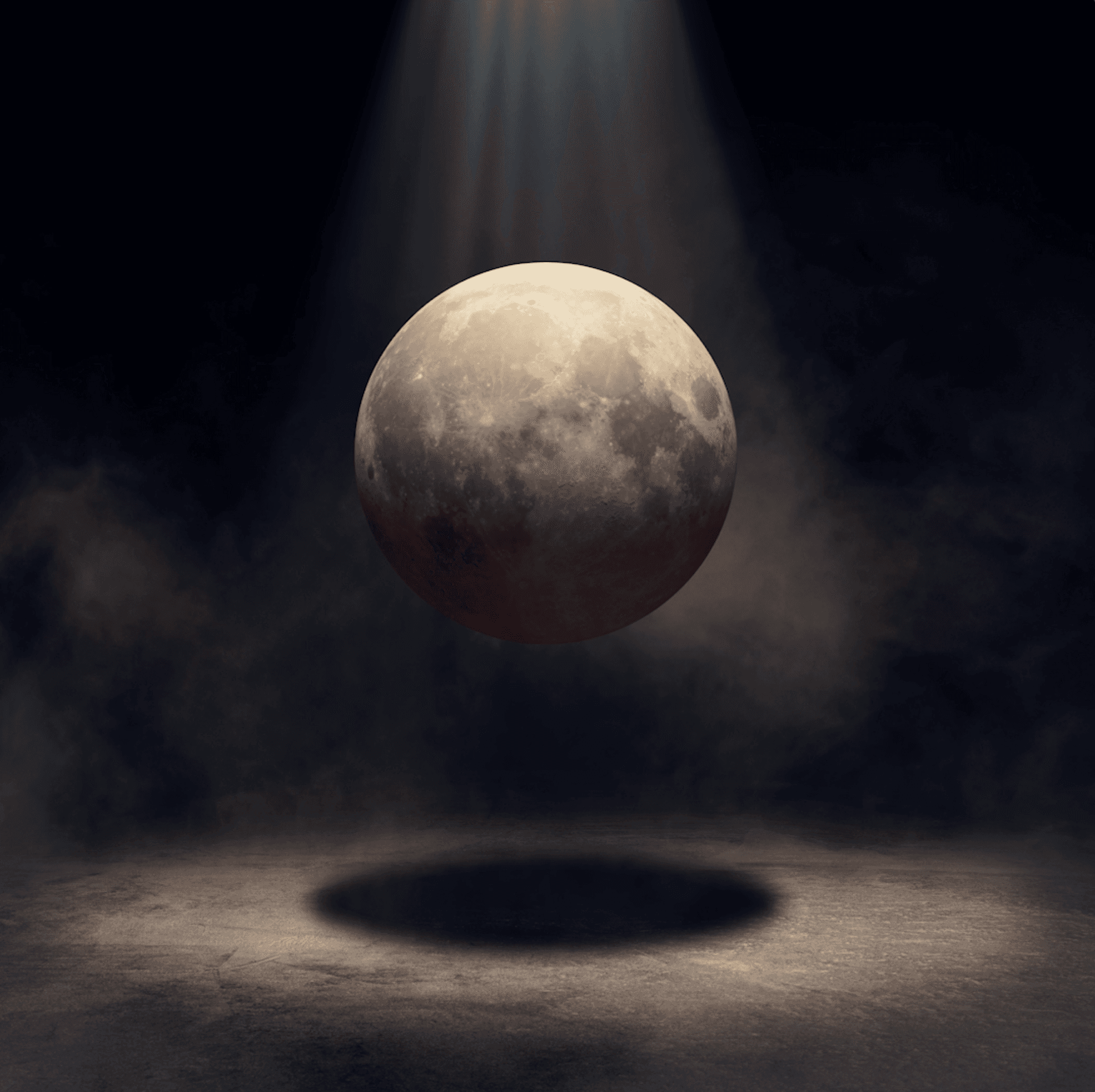 Lunar Threshold 360 — a full moon suspended in a beam of light above a circular shadow in a dark, smoky space.