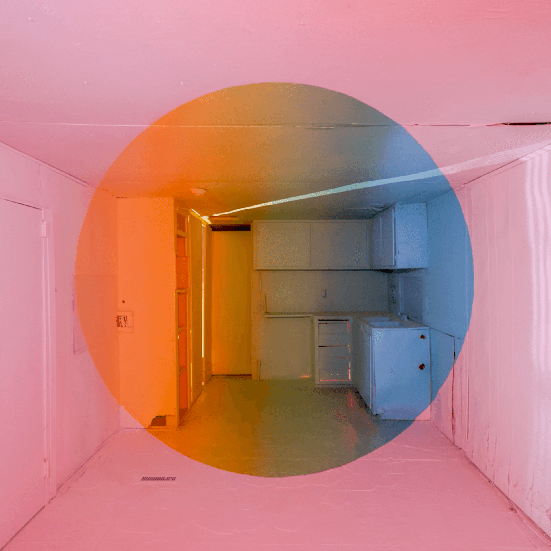 Transmutation House — a domestic interior bathed in pink, a circular orange-to-blue gradient lens hovering over the room.