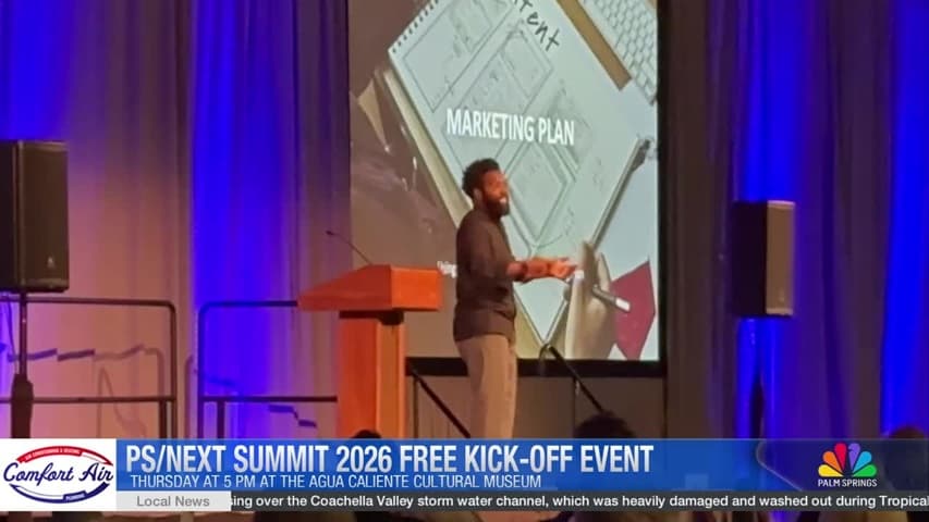 NBC Palm Springs broadcast still — chyron reads 'PS/NEXT SUMMIT 2026 FREE KICK-OFF EVENT — THURSDAY AT 5 PM AT THE AGUA CALIENTE CULTURAL MUSEUM' over a stage shot of a speaker presenting a Marketing Plan slide.