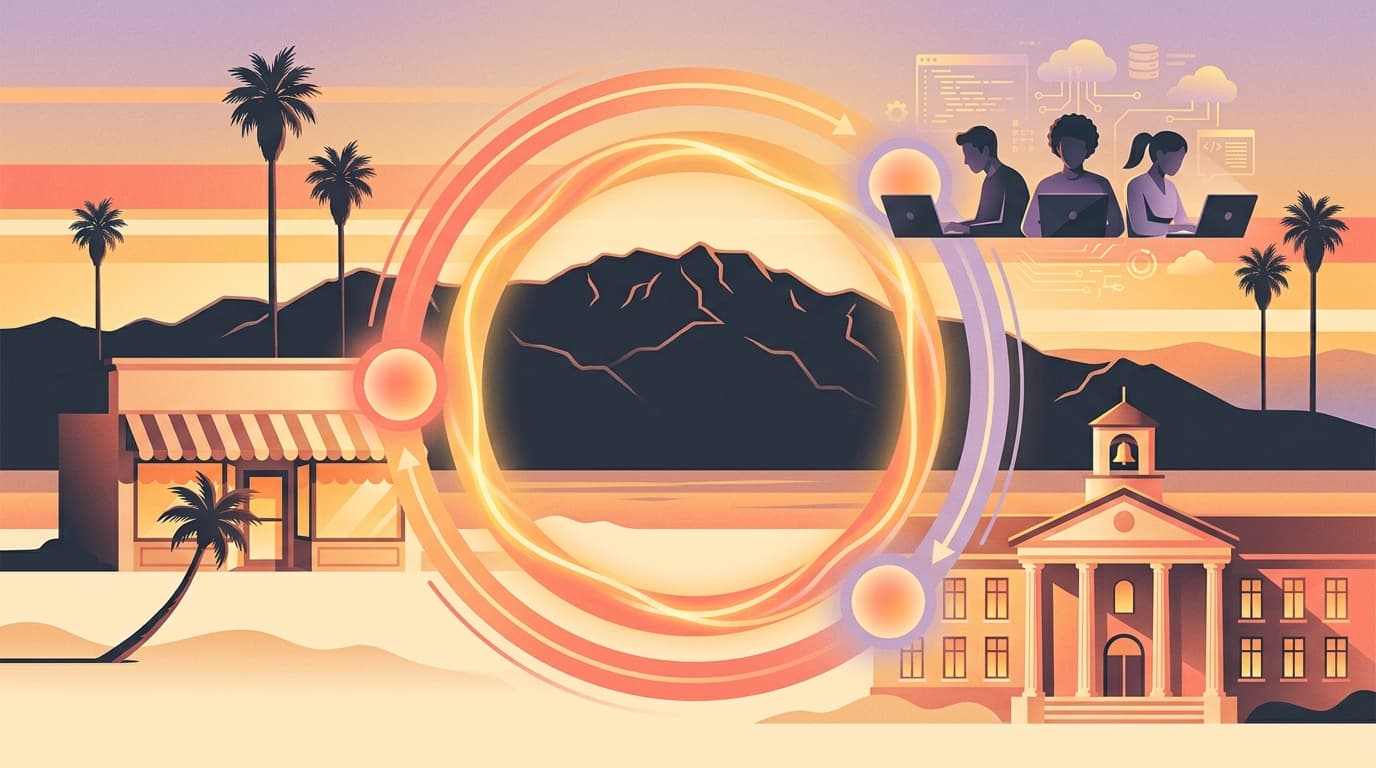 Editorial illustration of the PS/NExT Vibe-a-thon flywheel — a local Palm Springs storefront on the left, a team of builders at laptops on the right, and a glowing ring of light connecting them across a desert sunset, with the college campus in the foreground.