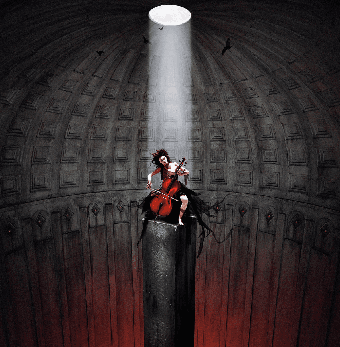 A lone cellist plays atop a tall stone column inside a coffered dome, a shaft of light falling from the oculus above as birds circle.