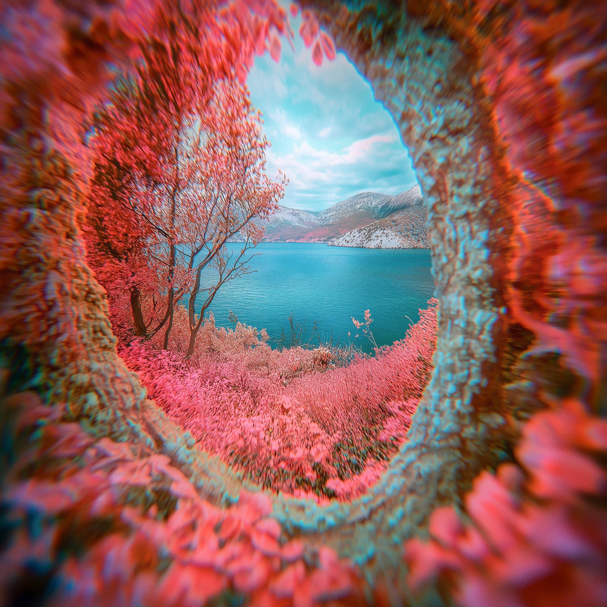 A circular porthole opening through dense infrared-red foliage onto a still turquoise lake ringed by pale mountains.